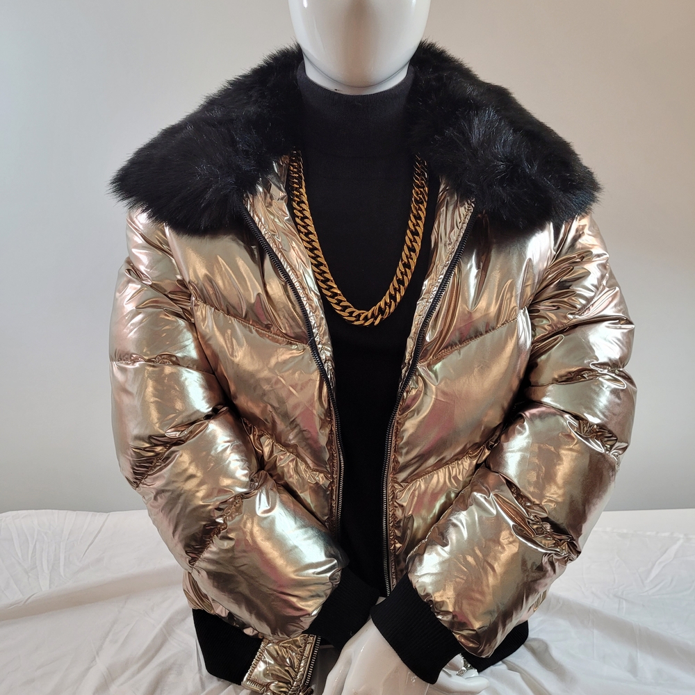 New JORDAN Criag Puffer Fur Coat Jacket Gold Size Med Quillted Zip Pockets
